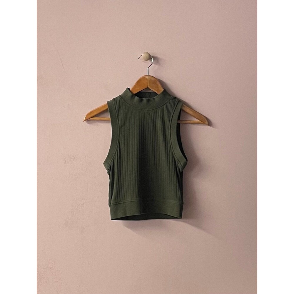 Brave Soul London Olive Green Ribbed Mock Neck Crop Top Size XS